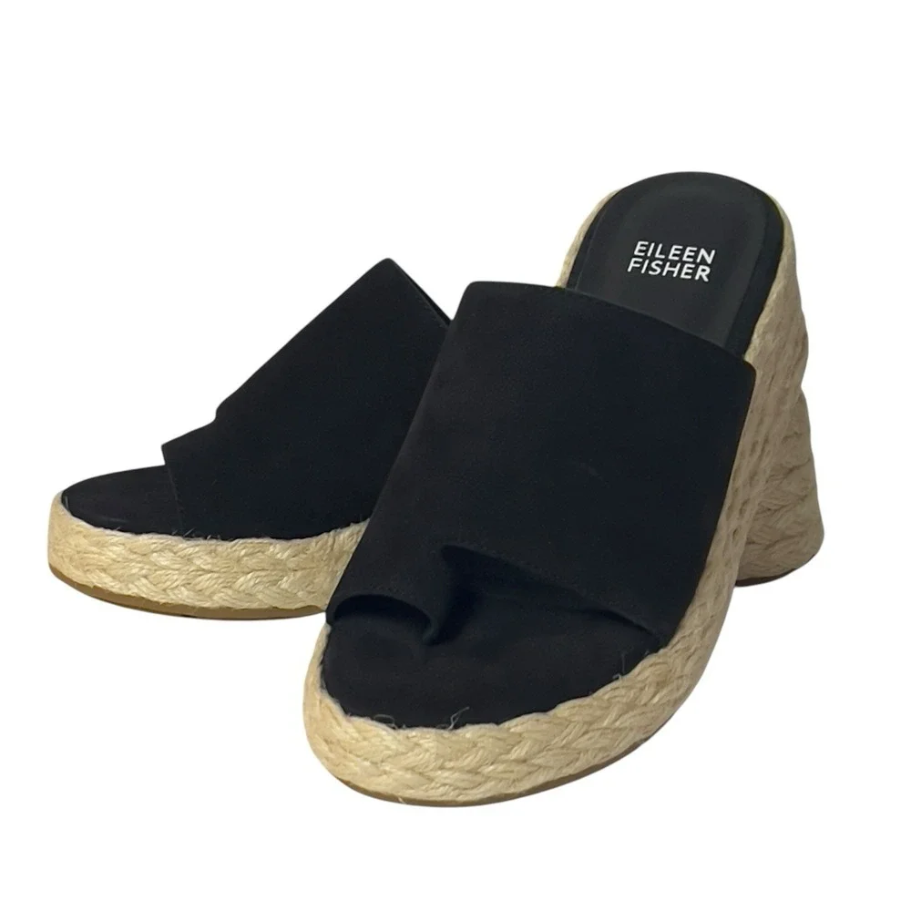 Eileen Fisher Tarry-TN Black Tumbled‎ Nubuck Slide Platform Espadrille 5M